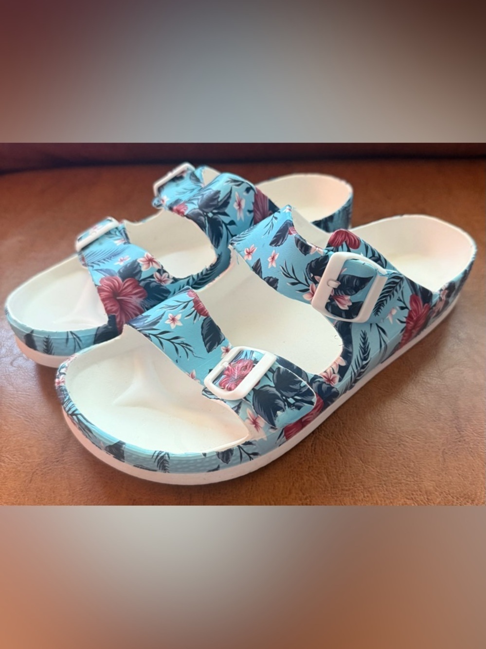 Funky Monkey EVA Slide Sandals Blue Floral Double Buckle Women’s 11